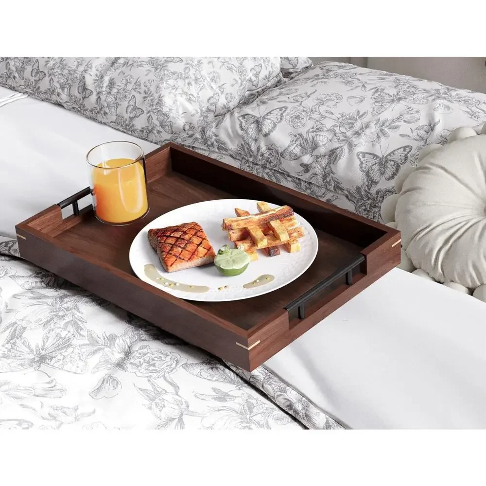 Set of 2 WALNUT Wood Serving Trays Metal Handles Ottoman Decorative Platter M L
